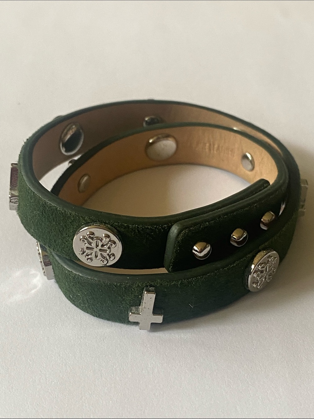 Rustic Cuff Dark Green Double-Wrap Suede Bracelet with Silver Cross & Studs